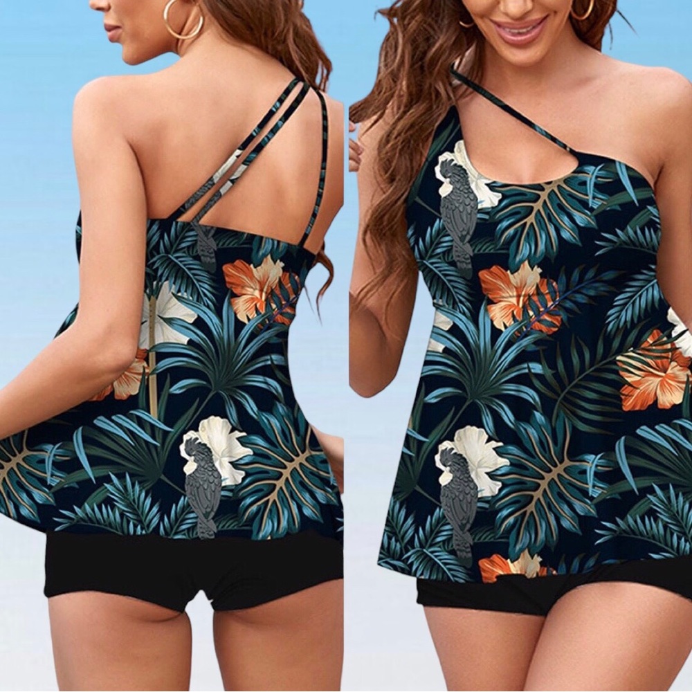 Black Tropical Floral Tankini Swimdress (Top Only) One Shoulder PLUS SIZE 3XL